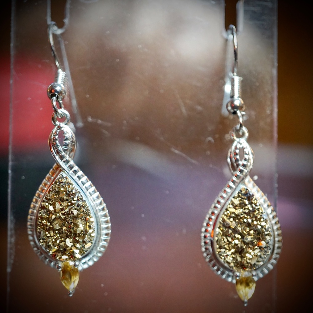Golden Druzy & Citrine Sterling Silver Earrings